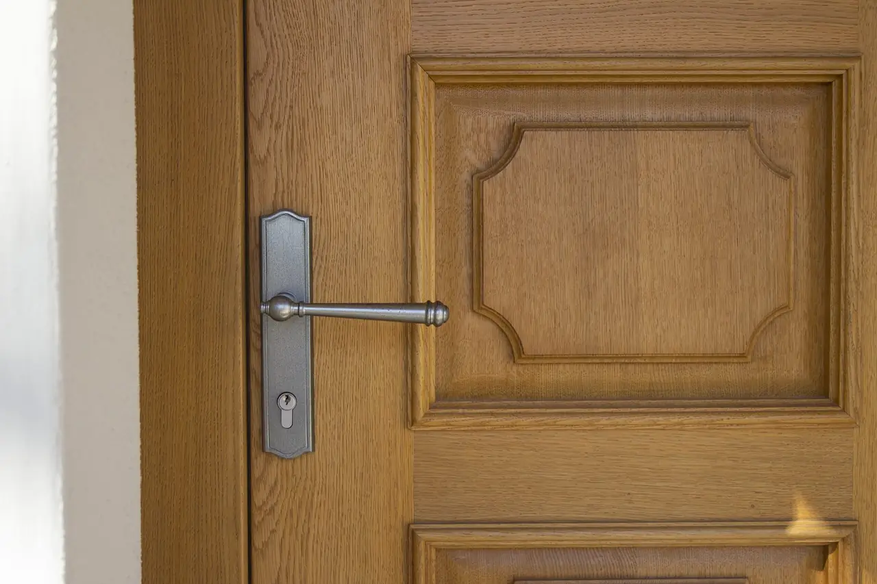 Detail einer Eichenholz-Kirchentür mit Kassettenfüllung und Türdrücker